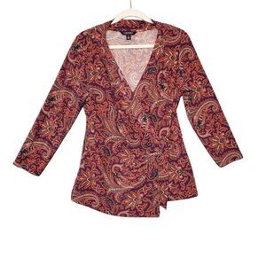 LAUREN Ralph Lauren Women's Purple Paisley Stretch Wrap Jersey Top Large L